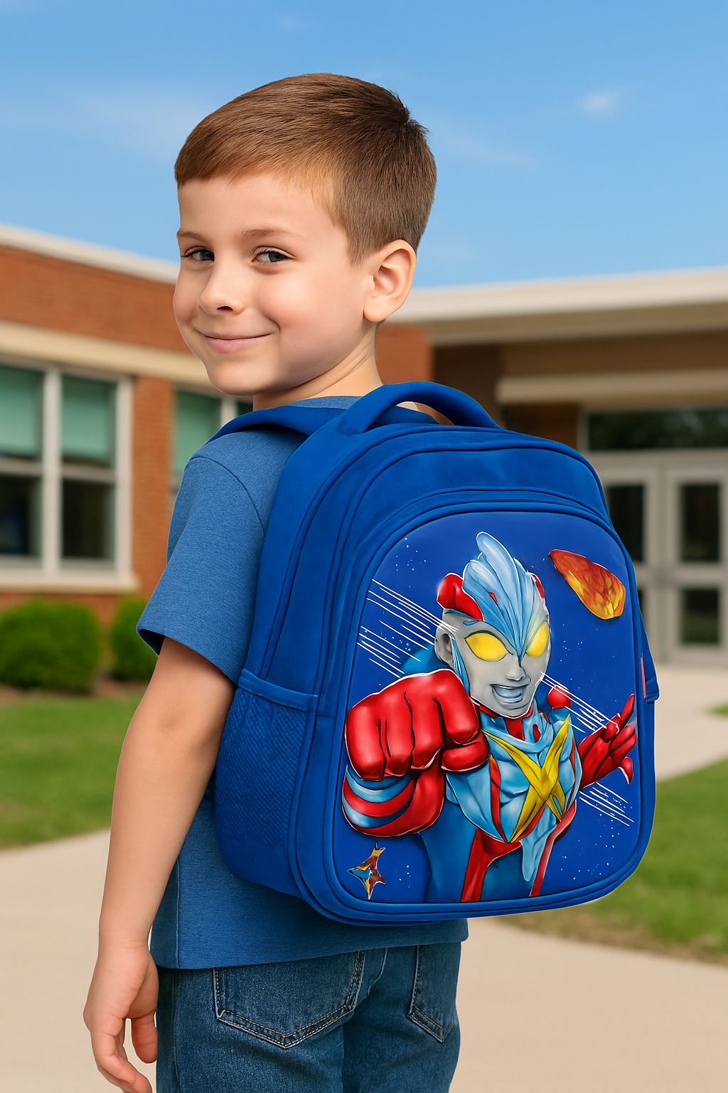 Ultraman Hero Kids Backpack, Bold Blue School Bag with Superhero Print