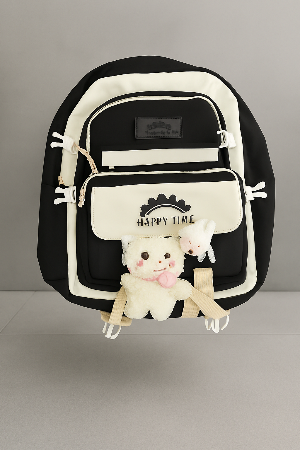 Happy Time Backpack with Plush Bear & Bunny Keychain Black & Cream