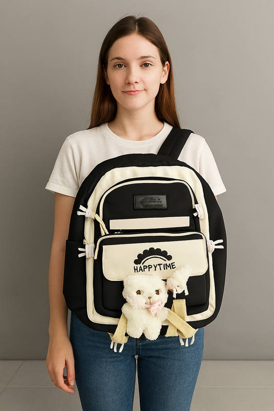 Happy Time Backpack with Plush Bear & Bunny Keychain Black & Cream