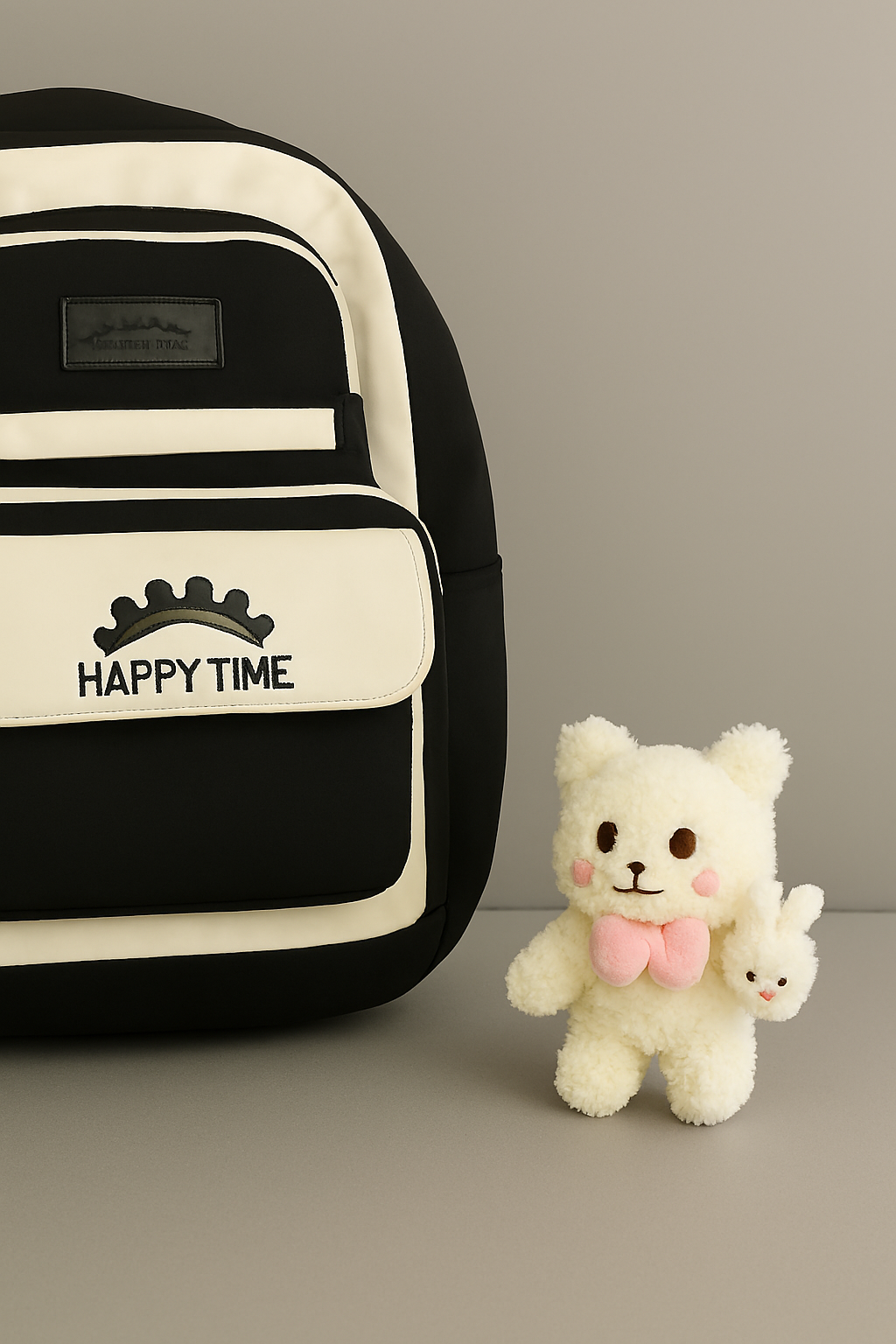 Happy Time Backpack with Plush Bear & Bunny Keychain Black & Cream