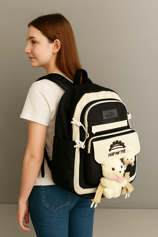 Happy Time Backpack with Plush Bear & Bunny Keychain Black & Cream